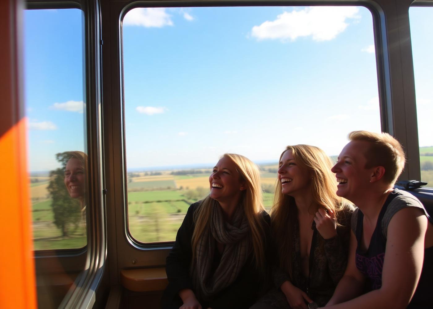 Friends laughing together by a train window